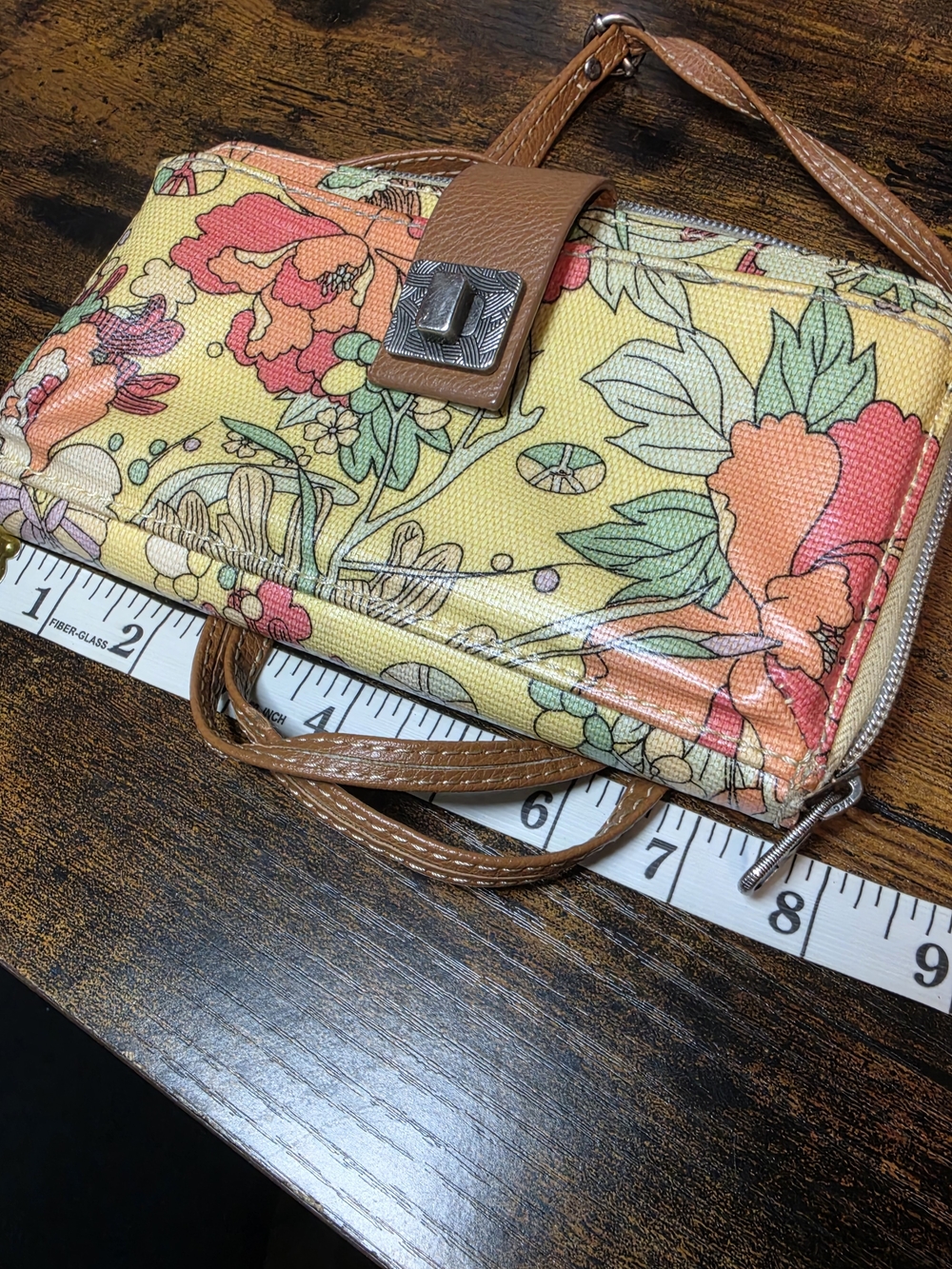 Sakroots Yellow Floral Crossbody Wallet with Tan Strap - Picture 10 of 12